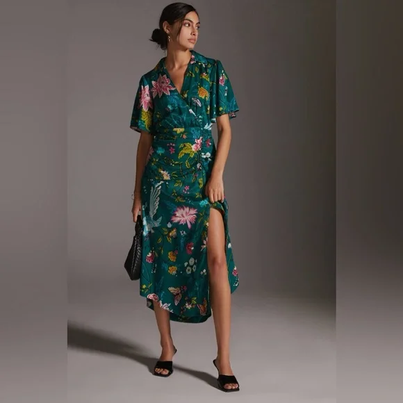 Anthropologie Maeve Green Floral Button Front Shirt Dress Size 8 - Picture 2 of 14